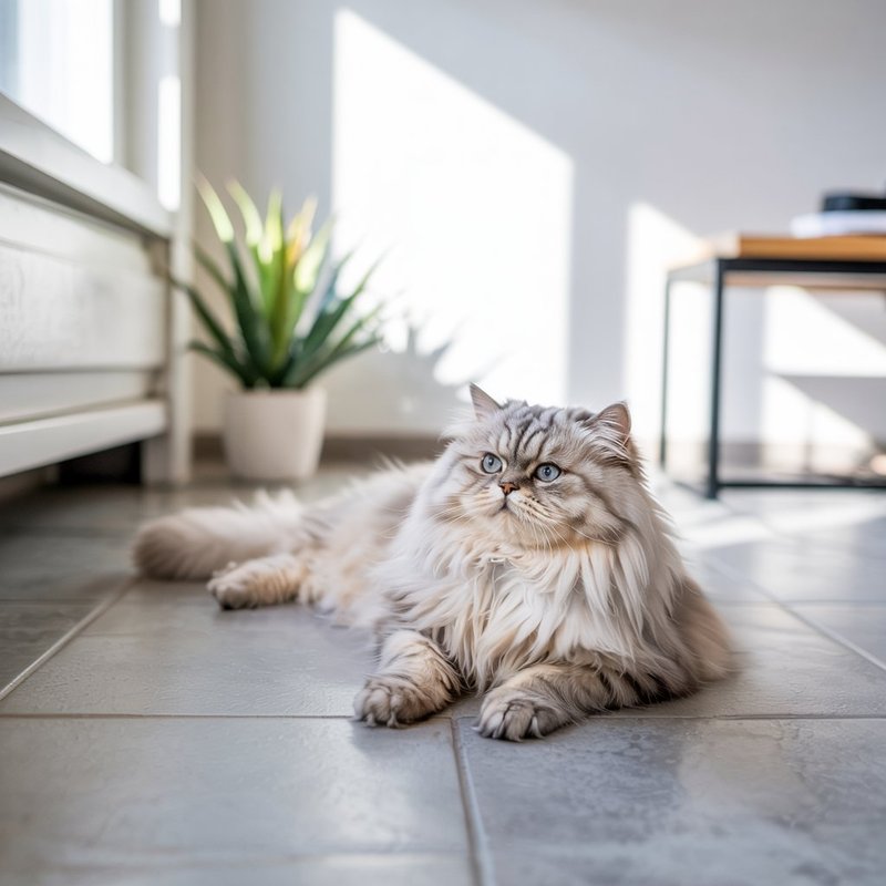 Fluffy cat on a Tile Floor