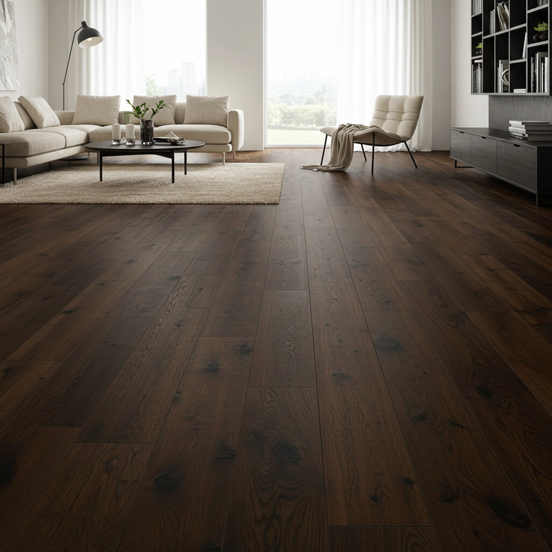 Solid Dark Hardwood Flooring in a Stylish Living Room