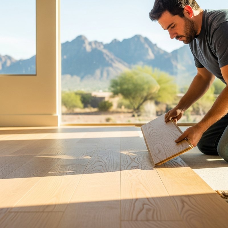 Installing flooring in a bright home with a mountain view