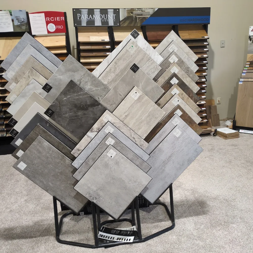 Tile and LVP flooring displays in a local McFarland showroom